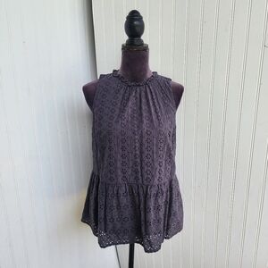 Loft Women's Gray Eyelet Boho Sleeveless Ruffle Blouse Women’s Peplum Babydoll M
